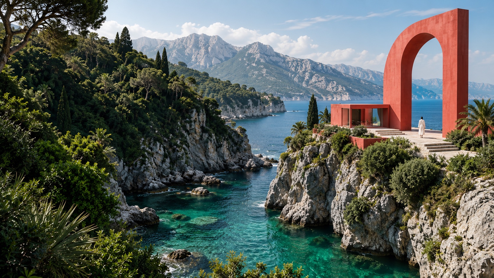 Coral architecture overlooking a clear emerald sea, an AI-generated creative visual