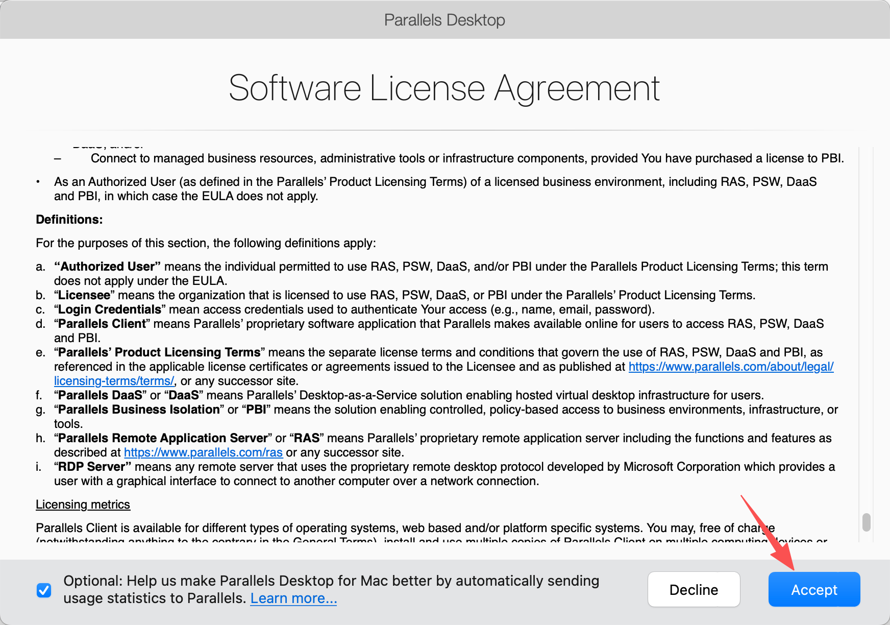 Parallels Desktop software license agreement