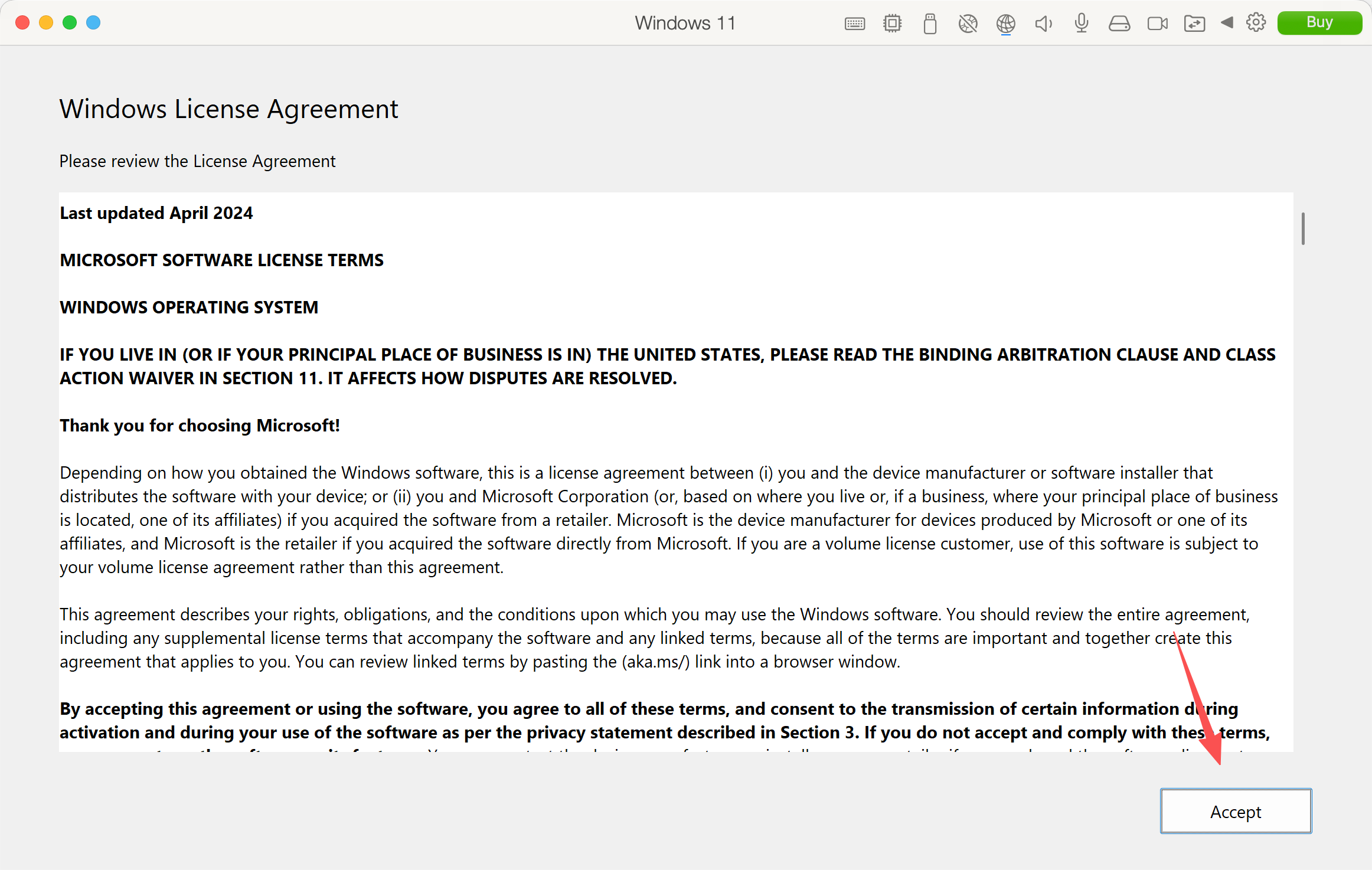 Windows license agreement accept button