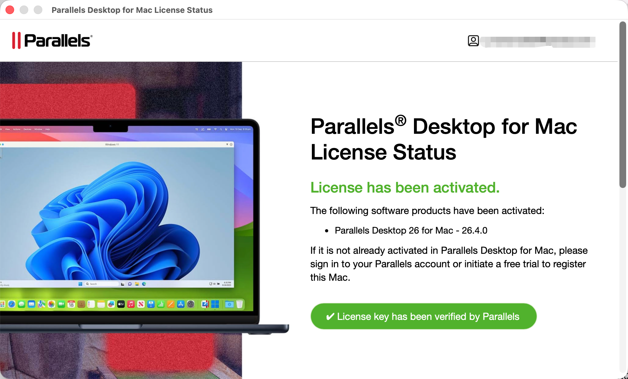 Parallels Desktop license activated status