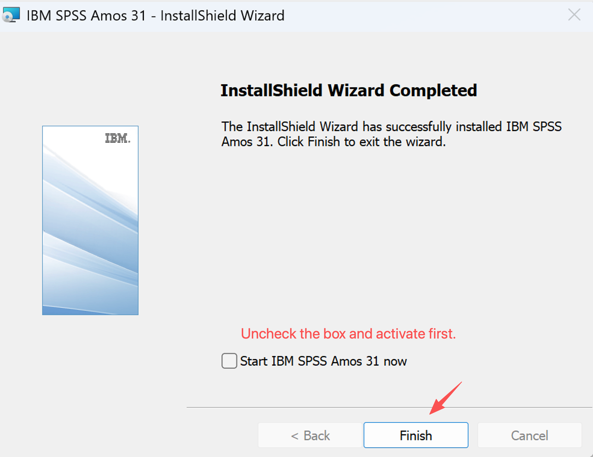IBM SPSS Amos 31 installation completed screen