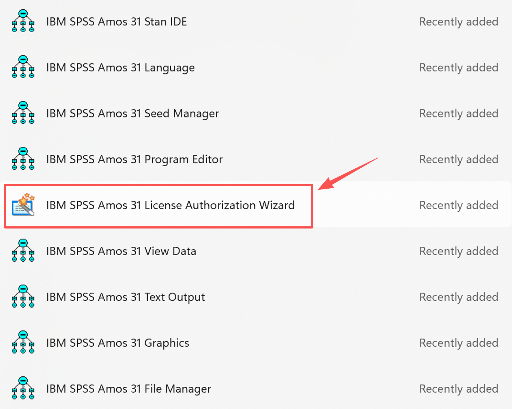 IBM SPSS Amos 31 License Authorization Wizard in Windows Start search