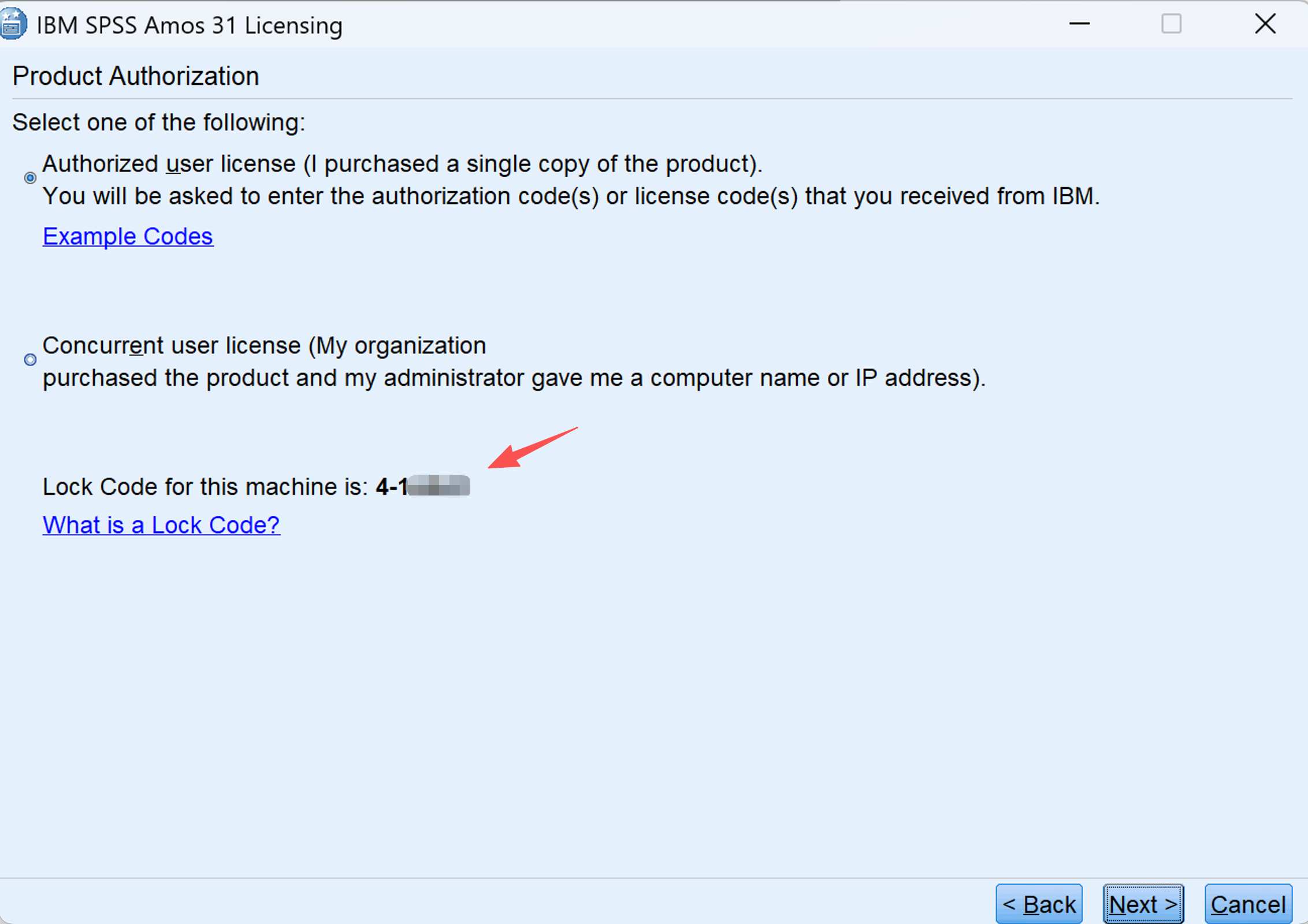 IBM SPSS Amos 31 Product Authorization licensing window